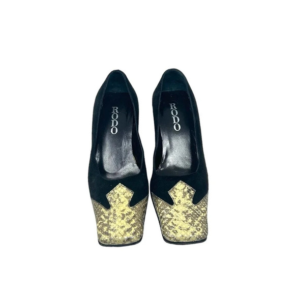 RODO Black Square Snakeskin Toe Western Style Heels Size 35 / US 5 - Picture 1 of 9